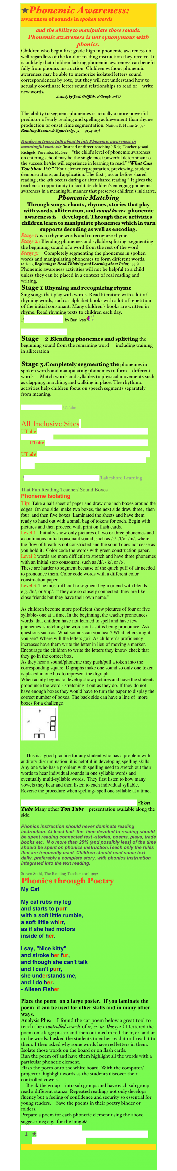 Phonemic Awareness: awareness of sounds in spoken words
and  the ability to manipulate  those sounds.
Phonemic awareness is not synonymous with phonics.
Children who begin first grade high in phonemic awareness do well regardless of the kind of reading instruction they receive. It is unlikely that children lacking phonemic awareness can benefit fully from phonics instruction. Children without phonemic awareness may be able to memorize isolated letters-sound correspondences by rote, but they will not understand how to actually coordinate letter-sound relationships to read or  write new words.
A study by Juel, Griffith, & Gough, 1986)
The ability to segment phonemes is actually a more powerful predictor of early reading and spelling achievement than rhyme production or onset-rime segmentation. Nation & Hume (1997) Reading Research Quarterly, 32,  p154-167)
Kindergarteners talk about print: Phonemic awareness in meaningful contexts (instead of direct teaching.) Rdg. Teacher 5/1996 Richgels, Poremba, McGee  “the child’s level of phonemic awareness on entering school may be the single most powerful determinant o the success he/she will experience in learning to read.” “What Can You Show Us?” “Four elements:preparation, previewing, student demonstrations, and application. The first 3 occur before shared reading ; the 4th occurs during or after shared reading.” It gives the teachers an opportunity to facilitate children’s emerging phonemic awareness in a meaningful manner that preserves children’s initiative.
Phonemic Matching 
Through songs, chants, rhymes, stories that play with words, alliteration, and sound boxes, phonemic awareness is  developed. Through these activities children learn to manipulate phonemes which in turn supports decoding as well as encoding.
Stage 1: is to rhyme words and to recognize rhyme.
Stage 2.: Blending phonemes and syllable splitting -segmenting the beginning sound of a word from the rest of the word.
Stage 3:  Completely segmenting the phonemes in spoken words and manipulating phonemes to form different words. (Adams, Beginning to Read:Thinking and Learning about Print, 1990)
Phonemic awareness activities will not be helpful to a child unless they can be placed in a context of real reading and writing, 
Stage 1 Rhyming and recognizing rhyme
Sing songs that play with words. Read literature with a lot of rhyming words, such as alphabet books with a lot of repetition of the initial consonant. Many children’s books are written in rhyme. Read rhyming texts to children each day.
Fooba-Wooba John  by Burl Ives 
Clifford Sound Match
Stage  2 Blending phonemes and splitting the beginning sound from the remaining word  -including training in alliteration
Stage 3.Completely segmenting the phonemes in spoken words and manipulating phonemes to form  different words.  Match words and syllables to physical movements such as clapping, marching, and walking in place. The rhythmic activities help children focus on speech segments separately from meaning.
Jump Frog, Jump for J UTube
All Inclusive Sitesl
UTube Dance Your Way to Phonemic Awareness Part 3 Phyllis Ferguson
UTube Dance Your Way to Phonemic Awareness Part 4
UTube Dance Your Way to Phonemic Awareness Part 5- 
Activities to Directly Develop Phonemic Awareness Skills
Phonological Awareness Activity Box/Lakeshore Learning
That Fun Reading Teacher/ Sound Boxes
Phoneme Isolating
Tip: Take a half sheet of paper and draw one inch boxes around the edges. On one side  make two boxes, the next side draw three,  then four, and then five boxes. Laminated the sheets and have them ready to hand out with a small bag of tokens for each. Begin with pictures and then proceed with print on flash cards.
Level 1   Initially show only pictures of two or three phonemes and a continuous initial consonant sound, such as /s/, /f/or /m/, where the flow of breath is not constricted and the sound does not cease as you hold it.  Color code the words with green construction paper.
Level 2 words are more difficult to stretch and have three phonemes with an initial stop consonant, such as /d/, / k/, or /t/. 
These are harder to segment because of the quick puff of air needed to pronounce them. Color code words with a different color construction paper.
Level 3. The most difficult to segment begin or end with blends, e.g. /bl/, or /mp/.  “They are so closely connected; they are like close friends but they have their own name.”
As children become more proficient show pictures of four or five syllable- one at a time. In the beginning, the teacher pronounces words  that children have not learned to spell and have few phonemes, stretching the words out as it is being pronounce. Ask questions such as: What sounds can you hear? What letters might you see? Where will the letters go?  As children’s proficiency increases have them write the letter in lieu of moving a marker. Encourage the children to write the letters they know- check that they go in the correct box. 
As they hear a sound/phoneme they push/pull a token into the corresponding square. Digraphs make one sound so only one token is placed in one box to represent the digraph.
When acuity begins to develop show pictures and have the students pronounce the word - stretching it out as they do. If they do not have enough boxes they would have to turn the paper to display the correct number of boxes. The back side can have a line of  more 
boxes for a challenge.                                

    This is a good practice for any student who has a problem with auditory discrimination; it is helpful in developing spelling skills. Any one who has a problem with spelling need to stretch out their words to hear individual sounds in one syllable words and eventually multi-syllable words.  They first listen to how many vowels they hear and then listen to each individual syllable. Reverse the procedure when spelling- spell one syllable at a time.
Hearing and Recording Sound using Elkonian Boxes -You Tube Many other You Tube  presentation available along the side.
Phonics instruction should never dominate reading instruction. At least half  the  time devoted to reading should be spent reading connected text -stories, poems, plays, trade books etc.  N o more than 25% (and possibly less) of the time should be spent on phonics instruction.Teach only the rules that are frequently used. Children should read some text daily, preferably a complete story, with phonics instruction integrated into the text reading. 
Steven Stahl, The Reading Teacher april 1992
Phonics through Poetry
My Cat
My cat rubs my leg
and starts to purr
with a soft little rumble,
a soft little whirr,
as if she had motors
inside of her.
I say, "Nice kitty"
and stroke her fur,
and though she can't talk
and I can't purr,
she understands me,
and I do her. 
- Aileen Fisher
Place the poem  on a large poster.  If you laminate the poem  it can be used for other skills and in many other ways.
Analysis Plus:  I found the cat poem below a great tool to teach the r controlled vowels of ir, er, ur. (bossy r.) I lettered the poem on a large poster and then outlined in red the ir, er, and ur  in the words. I asked the students to either read it or I read it to them. I then asked why some words have red letters in them.  Isolate those words on the board or on flash cards.
Run the poem off and have them highlight all the words with a particular phonetic element.   
Flash the poem onto the white board. With the computer/projector, highlight words as the students discover the r controlled vowels.                                         
  Break the group  into sub groups and have each sub group read a different stanza. Repeated readings not only develops fluency but a feeling of confidence and security so essential for young readers.  Save the poems in their poetry binder or folders.
Prepare a poem for each phonetic element using the above suggestions; e.g., for the long e:
A Sailor Went to Sea Sea Sea
★A Treasure Trove of Awesome Alliteration/Enchanted Learning