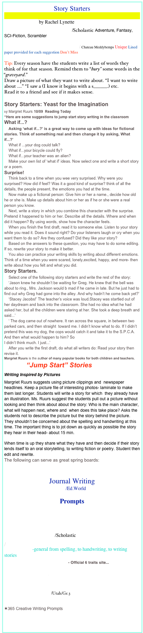 Story Starters
Mind in Bloom by Rachel Lynette
Story Starter/ Creative Writing/Scholastic Adventure, Fantasy, SCI-Fiction, Scrambler
Writers Workshop / Story Starters/ Chateau Meddybemps Unique Lined paper provided for each suggestion Don’t Miss
Tip: Every season have the students write a list of words they think of for that season. Remind them to “bury” some words in the “graveyard.”
Draw a picture of what they want to write about. “I want to write about ....” “I saw a (I know it begins with a s______.) etc.
Read it to a friend and see if it makes sense.
Story Starters: Yeast for the Imagination
by Margriet Ruurs 10/09 Reading Today
“Here are some suggestions to jump start story writing in the classroom
What if...?
Asking ‘what if...?’ is a great way to come up with ideas for fictional stories. Think of something real and then change it by asking, What if...?’
What if ...your dog could talk?
What if...your bicycle could fly?
What if...your teacher was an alien?
Make your own list of ‘what if’ ideas. Now select one and write a short story or a poem.
Surprise!
Think back to a time when you wee very surprised. Why were you surprised? How did if feel? Was it a good kind of surprise? think of all the details, the people present, the emotions you had at the time.
Now make up a fictional person: Give him or her a name., decide how old he or she is. Make up details about him or her as if he or she were a real person you know.
Next, write a story in which you combine this character with the surprise. Pretend it happened to him or her. Describe all the details. Where and when did it happen? By using words, show how the character feels.
When you finish the first draft, read it to someone else. Listen to your story while you read it. Does it sound right? Do your listeners laugh or cry when you want them to do so? Are they confused? Did they like your story?
Based on the answers to these question, you may have to do some editing. If so, rewrite your story to make it better.
You also can practice your writing skills by writing about different emotions. Think of a time when you were scared, lonely,excited, happy, and more- then write about how you felt and what you did.
Story Starters.
Select one of the following story starters and write the rest of the story:
‘Jason knew he shouldn’t be waiting for Greg. He knew that the bell was about to ring., Mrs. Jackson would b mad if he came in late. But he just had to find out why Greg had gone into the alley. And why hadn’t he come back yet?’
‘Stacey Jacobs!’ The teacher’s voice was loud.Stacey was startled out of her daydream and back into the classroom. She had no idea what he had asked her, but all the children were staring at her. She took a deep breath and said...’
‘ The dog came out of nowhere. It ran across the square, in between two parked cars, and then straight toward me. I didn’t know what to do. If I didn’t pretend this was my dog, the cops would catch it and take it to the S.P.C.A. And then what would happen to him? So
I didn’t think much. I just...’
After you write the first draft, do what all writers do: Read your story then revise it.
Margriet Ruurs is the author of many popular books for both children and teachers.
“Jump Start” Stories
Writing Inspired by Pictures
Margriet Ruurs suggests using picture clippings and newspaper headlines. Keep a picture file of interesting photos- laminate to make them last longer. Students will write a story for which they already have an illustration. Ms. Ruurs suggest the students pull out a picture without looking and then think about about the story: Who is the main character, what will happen next, where and when does this take place? Asks the students not to describe the picture but the story behind the picture. They shouldn’t be concerned about the spelling and handwriting at this time. The important thing is to jot down as quickly as possible the story they hear in their head- about 15 min.
When time is up they share what they have and then decide if their story lends itself to an oral storytelling, to writing fiction or poetry. Student then edit and rewrite.
The following can serve as great spring boards: Writing: Choosing a Setting
Journal Writing
Journal Writing/everyday/Ed.World
Prompts
Tips for Journal Writing (2nd grade)
ABCTeach Directory
Inspire Young Writers/Scholastic
/
Tutor4Kids-general from spelling, to handwriting, to writing stories
NWREL's 6+1 TRAITS of Writing - Official 6 traits site...
Project Base Learning / PBLChecklist
6 Ways to Encourage Young Writers
Discriptive Prompts/Utah/Gr.3
365 Creative Writing Prompts
http://www.creativewriting-prompts.com/personal-narrative-graphic-organizer.html